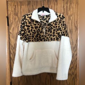 Two Tone Leopard 1/4 Zip Sherpa Top